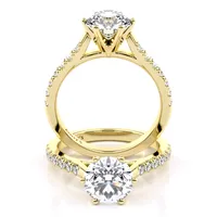 Alessandra Six Claw Cathedral Solitaire and Sidestone engagement ring in 18kt yellow gold, front view thumbnail 2