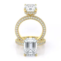 Bethany Hidden Halo and Triple Row Pavé engagement ring with emerald centre in 18kt yellow gold, front view thumbnail 2