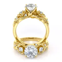 Flower Vintage Floral Solitaire and Sidestone engagement ring in 18kt yellow gold, front view thumbnail 2
