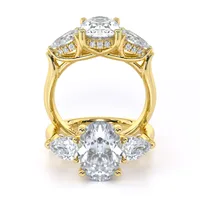 Jasmine Oval and Pear Three Stone engagement ring in 18kt yellow gold, front view thumbnail 2