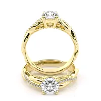 Jennifer Twist Solitaire and Sidestone engagement ring in 18kt yellow gold, front view thumbnail 2