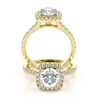 Julia Cushion Halo and Sidestone engagement ring in 18kt yellow gold, front view thumbnail 2