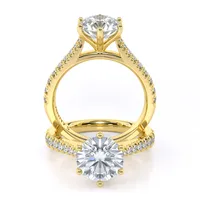 Karmela Six Claw Solitaire and Sidestone engagement ring in 18kt yellow gold, front view thumbnail 2