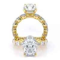 Lara Solitaire with Pear and Round Sidestones engagement ring with oval centre in 18kt yellow gold, front view thumbnail 2