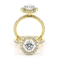 Lauren Round Halo and Sidestone engagement ring in 18kt yellow gold, front view thumbnail 2
