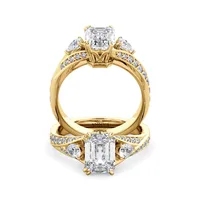 Roxy Pear Three Stone and Sidestone engagement ring with radiant centre in 18kt yellow gold, front view thumbnail 2