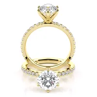 Sienna Six Claw Solitaire and Sidestone engagement ring in 18kt yellow gold, front view thumbnail 2