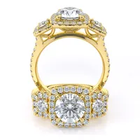 Trilogy Halo and Sidestone engagement ring in 18kt yellow gold, front view thumbnail 2