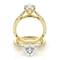 Veronica Six Claw Cathedral Solitaire and Sidestone engagement ring in 18kt yellow gold, front view thumbnail 2