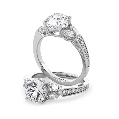 Kelly Solitaire with Marquise Sidestones engagement ring with round centre in 18kt white gold