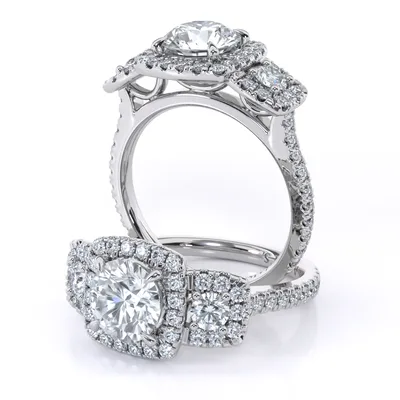 Trilogy Halo and Sidestone engagement ring in 18kt white gold