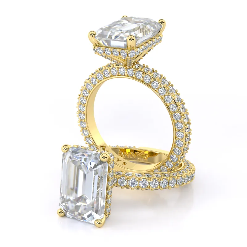 Bethany Hidden Halo and Triple Row Pavé engagement ring with emerald centre in 18kt yellow gold