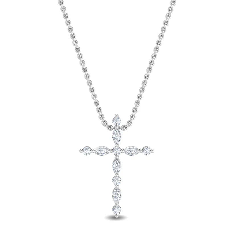 Petite Mixed-Cut Lab-Grown Diamond Cross Pendant in white gold — view 1