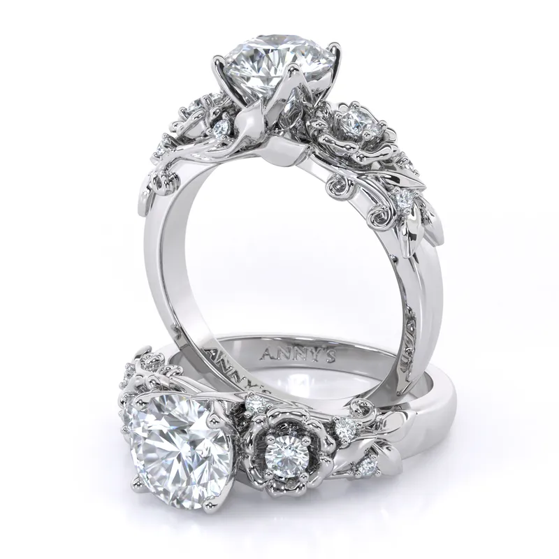 Flower Vintage Floral Solitaire and Sidestone engagement ring