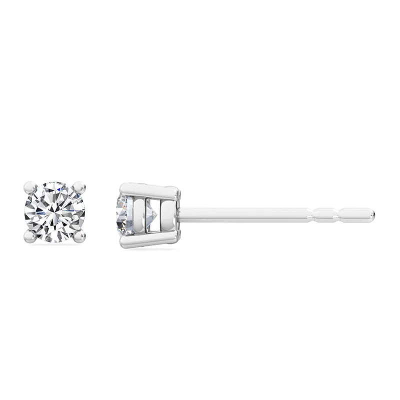 Round diamond stud earrings in white gold, front and side view
