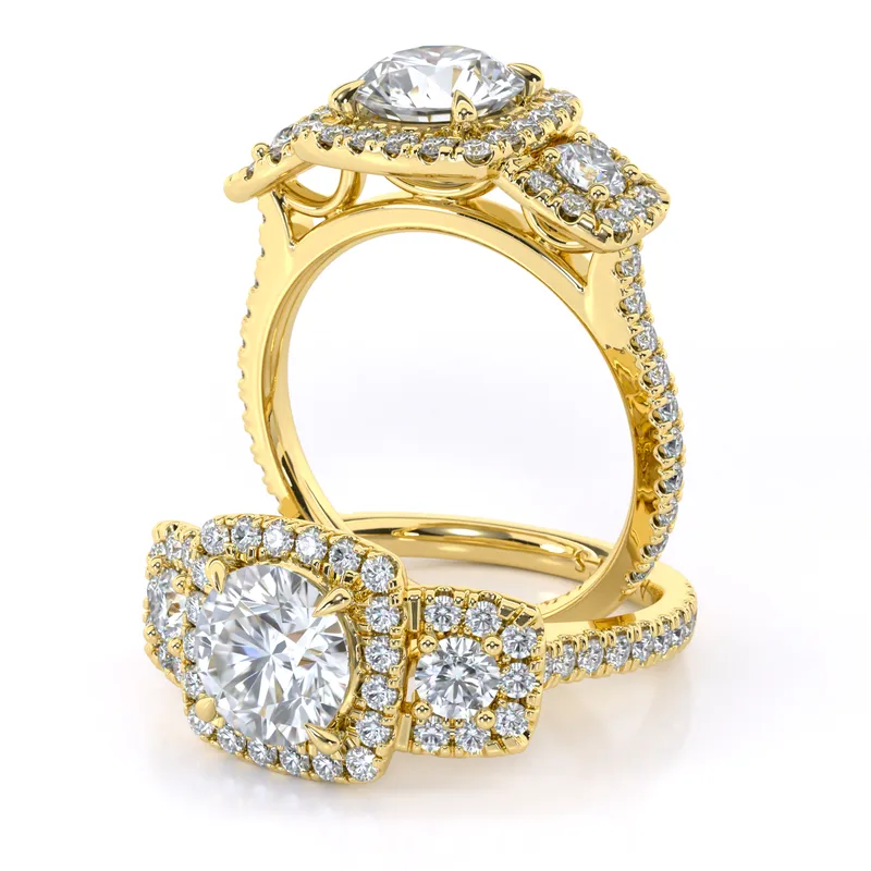 Trilogy Halo and Sidestone engagement ring in 18kt yellow gold