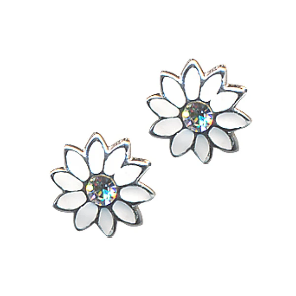 White Enamel / White Crystal Flower Studs