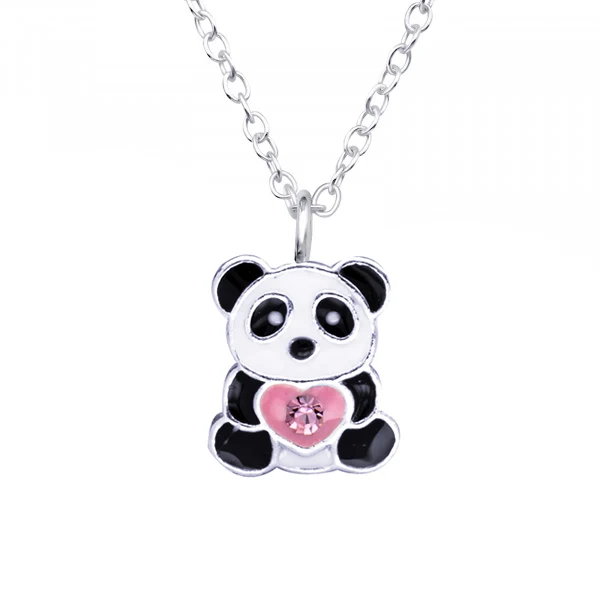Black/White Enamel Panda with Pink Heart + Crystal Necklace