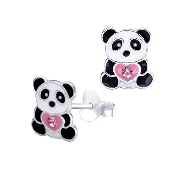 Black/White Enamel Panda with Pink Heart + Crystal Studs