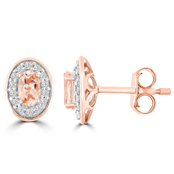 Morganite Stud Earrings with 0.15ct Diamonds in 9K Rose Gold