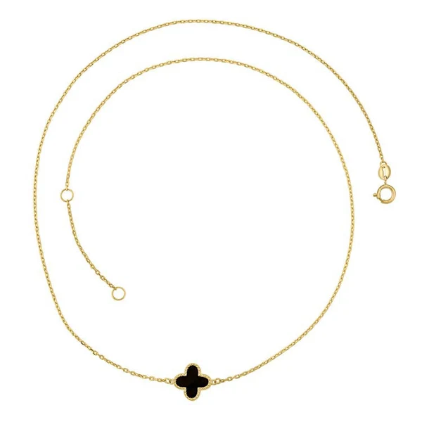 9K Yellow Gold Single Black Onyx Clover Necklace 45cm