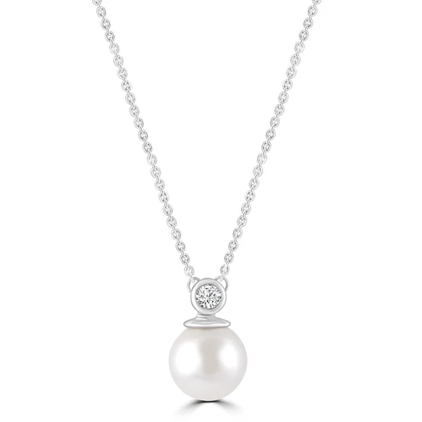 Diamond Pearl Necklace with 0.03ct Diamonds in 9K White Gold - N-20565-003-W